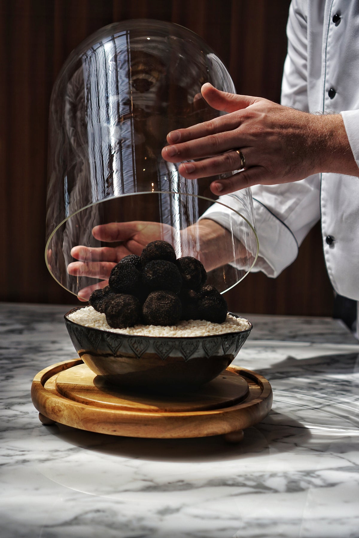 A tray of fresh black truffles