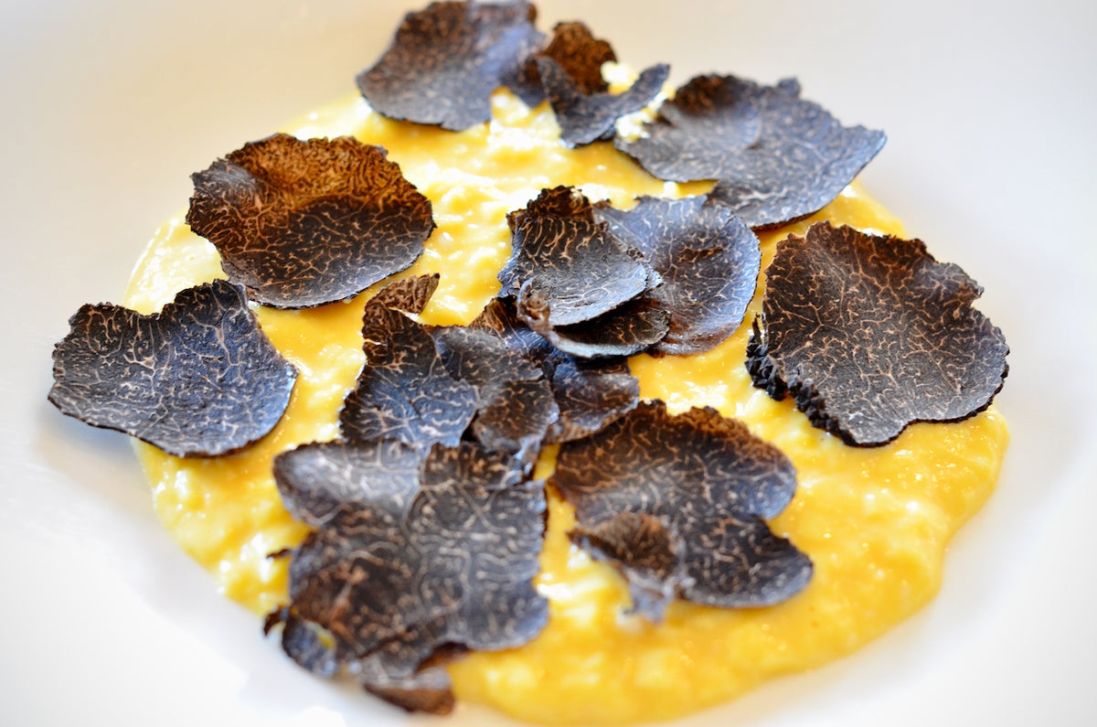 Scrambled eggs under a full cover of shaved black truffle